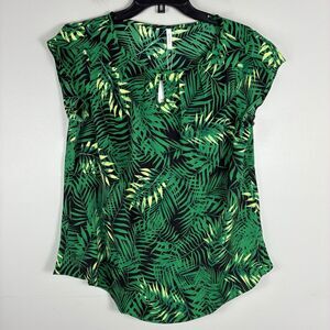 Women's Tropical Print Floral Top Short Sleeve Sz L Green Work Casual Vacation